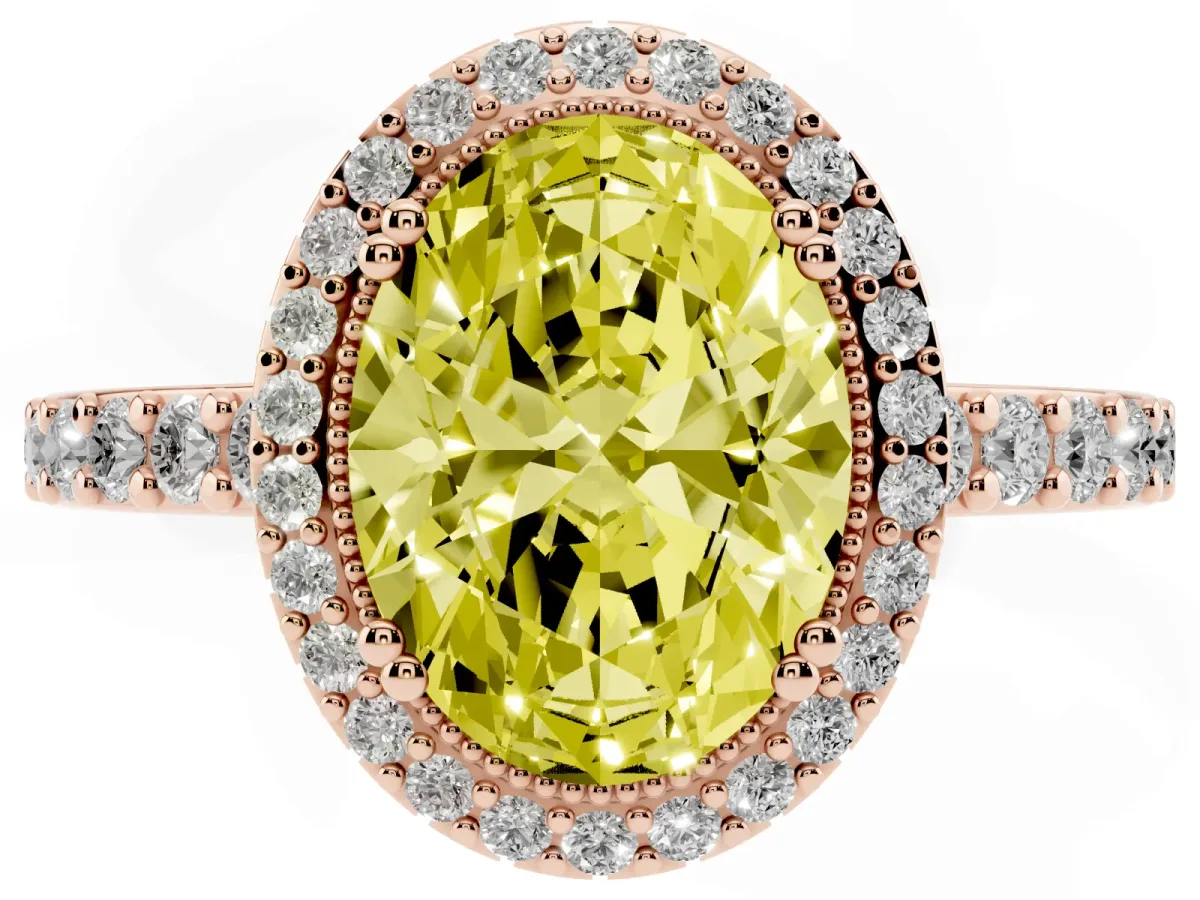 Fancy Yellow Oval Cut Cut Diamond Halo Engagement Ring with Milgrain Detail and Pavé Band Rose gold