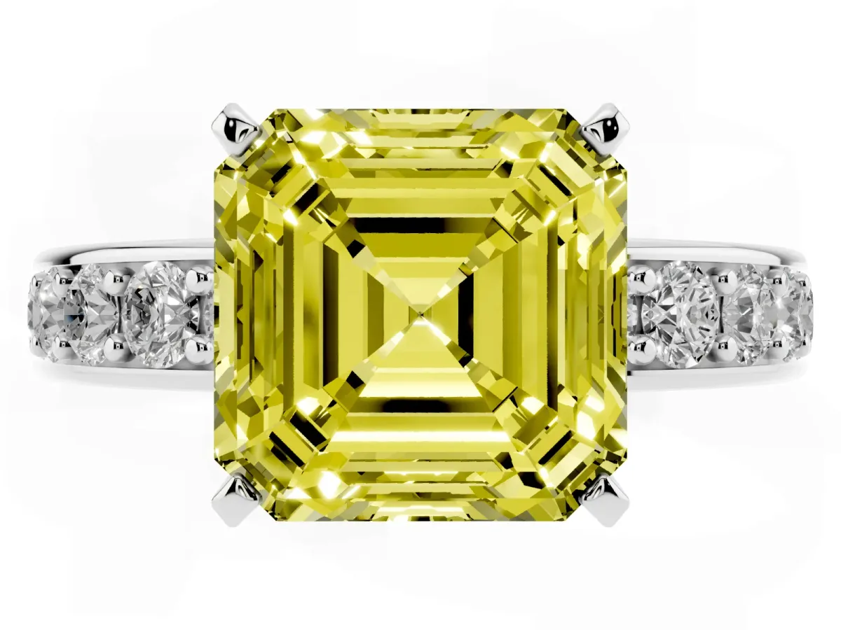 Fancy Yellow Asscher Cut Diamond Engagement Ring with Channel Set Round Band and Prong Setting White gold