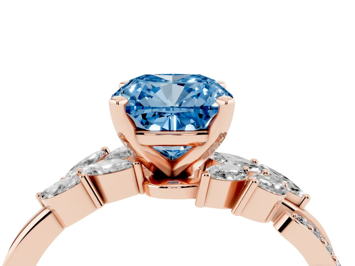 Fancy Blue Cushion Cut Solitaire Marquise Twist Band with Six-Prong Setting Rose gold