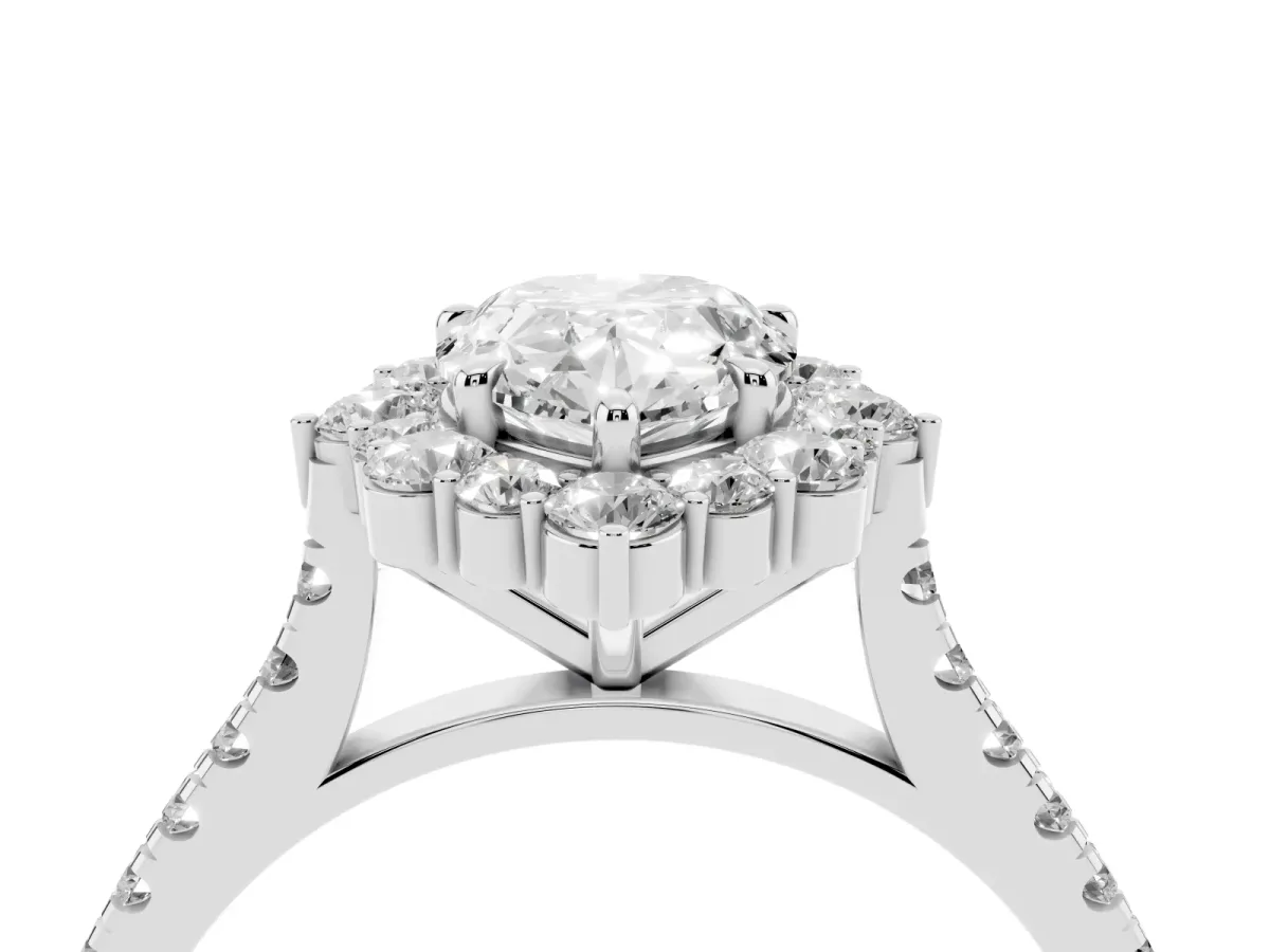 Pear Cut Halo Diamond Ring with Pavé Band and Prong Setting Silver