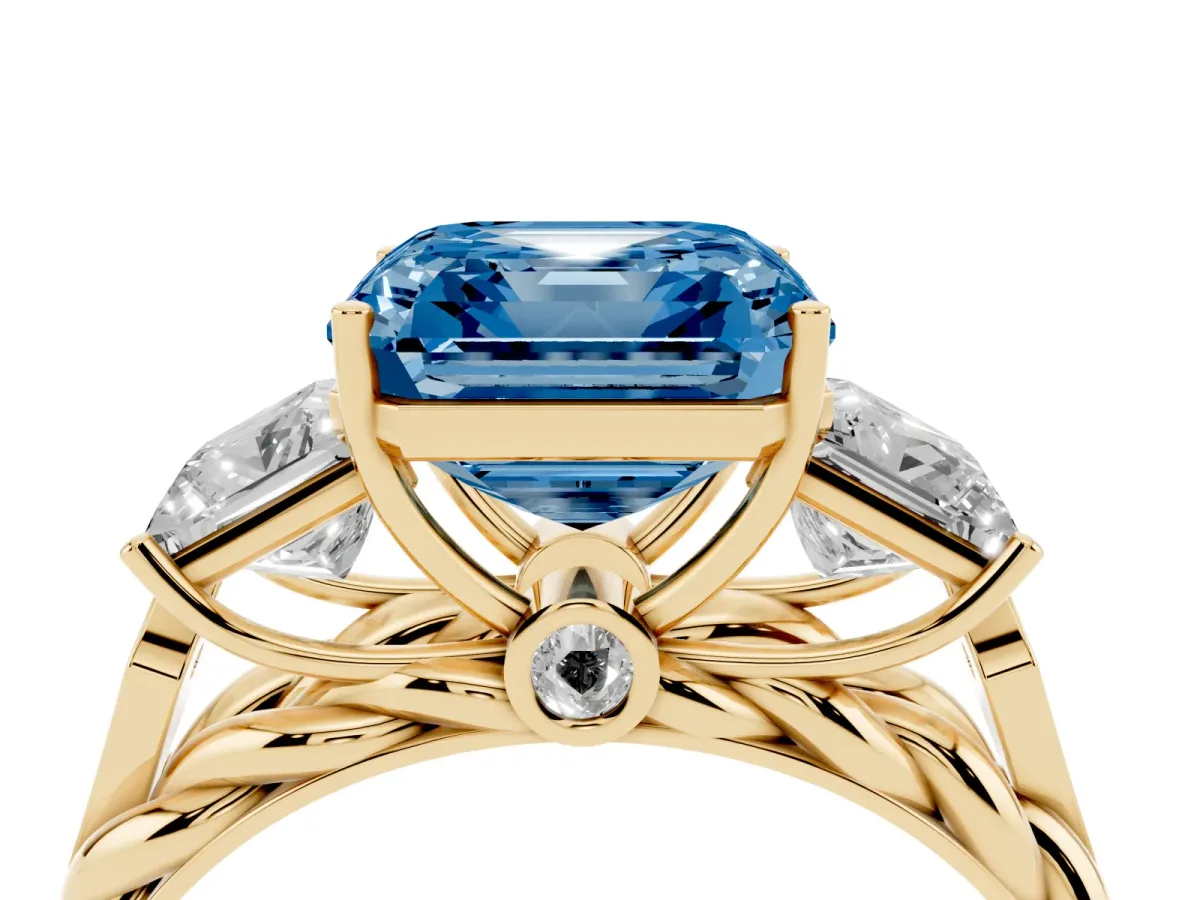 Fancy Blue Three-Stone Asscher Cut Diamond Braided Band Ring with Four-Prong Setting Yellow gold