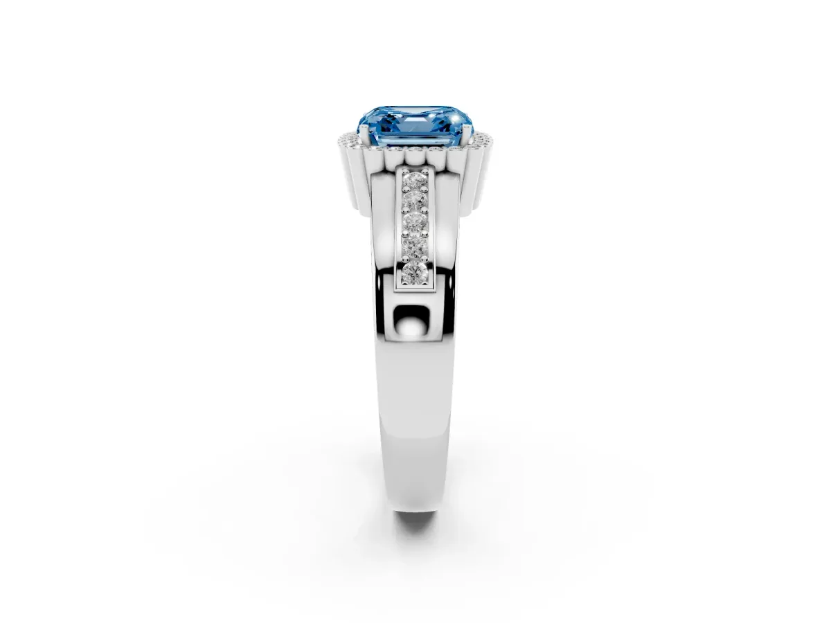 Fancy Blue Asscher Cut Cut Halo Pave Band Four-Prong Ring Silver