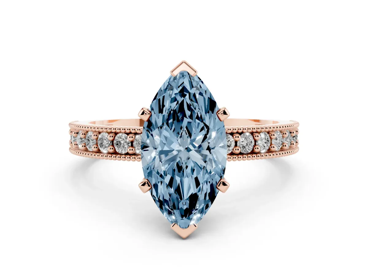 Fancy Blue Marquise Cut Diamond Milgrain Pavé Engagement Ring with Four-Prong Setting Rose gold
