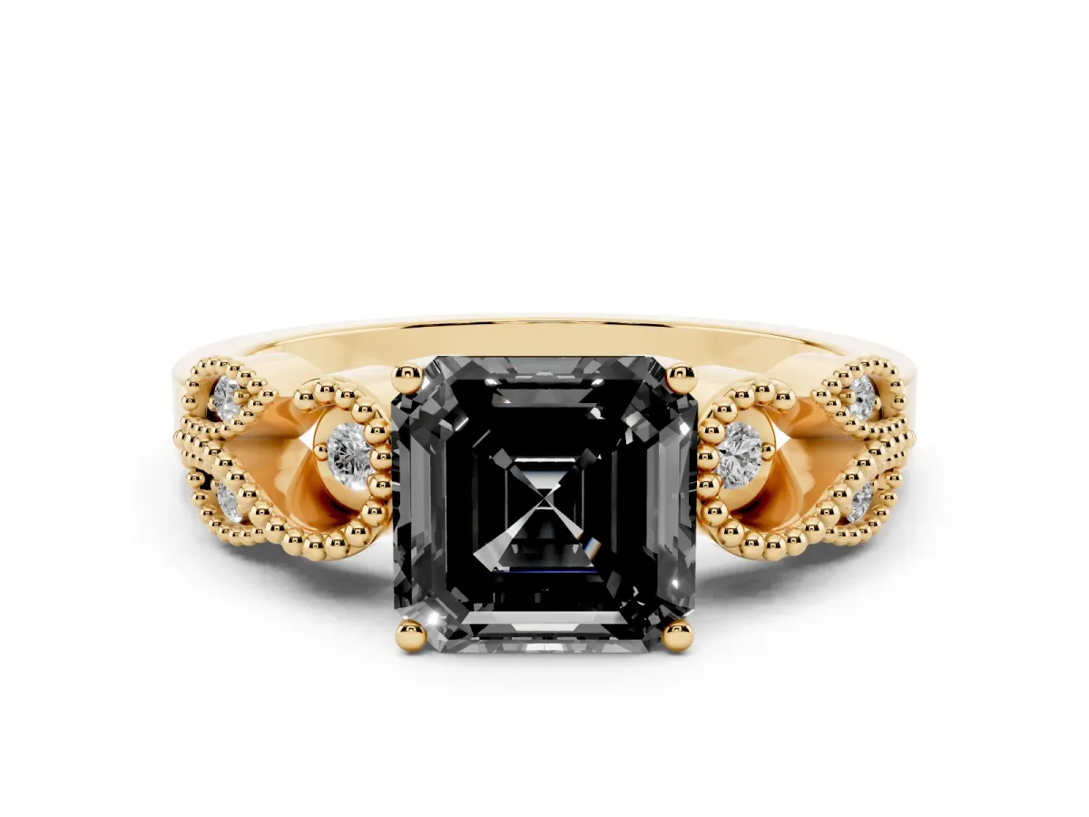 Fancy Black Asscher Cut Solitaire Milgrain Leaf Band with Prong Setting Yellow gold