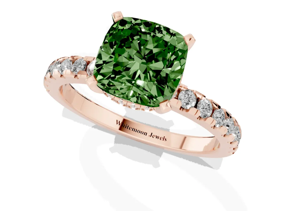 Fancy Green Cushion Cut Diamond Solitaire Ring with Round Pavé Band and Four-Prong Setting Rose gold