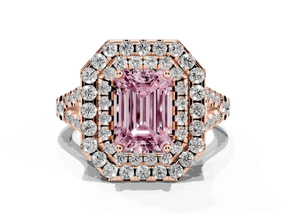 Fancy Pink Double Halo Emerald Cut Diamond Pavé Split Shank Ring with Prong Setting Rose gold