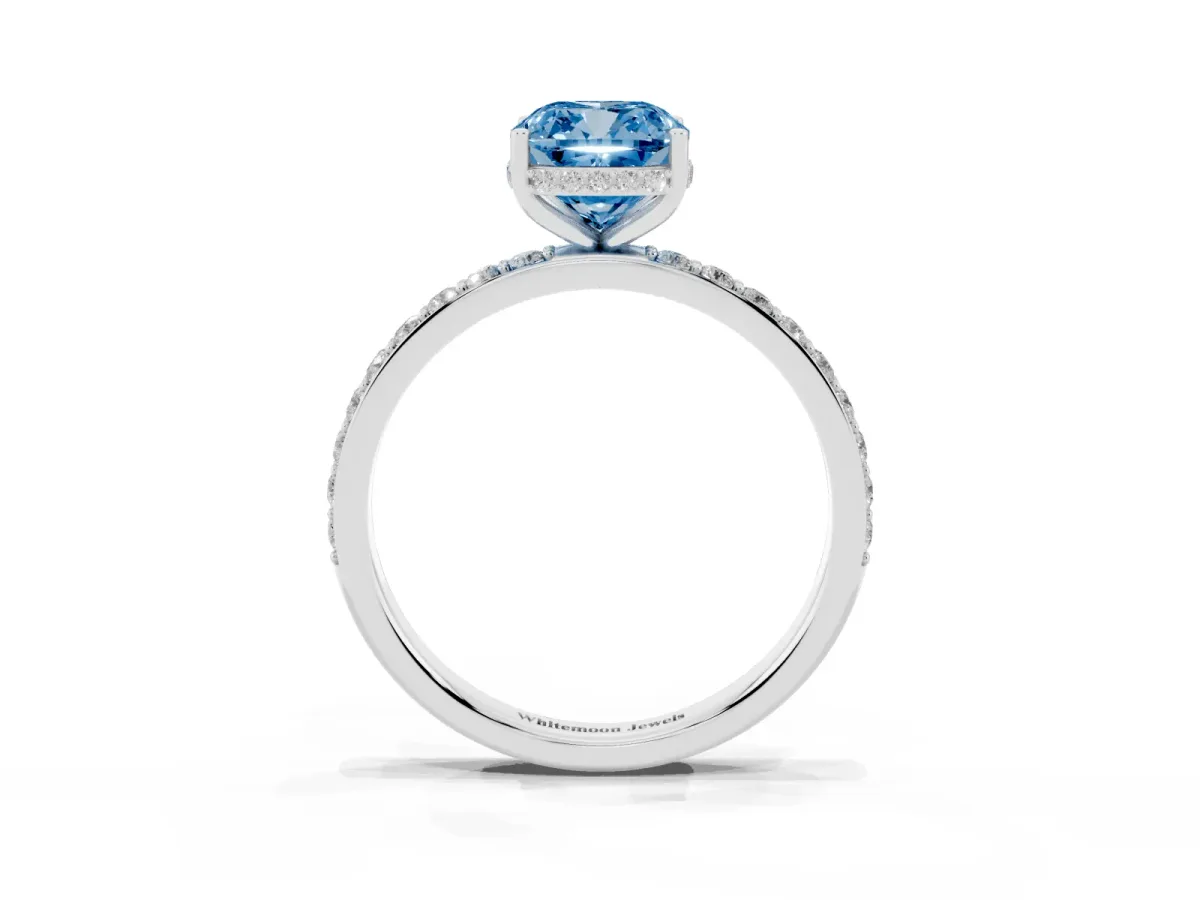 Fancy Blue Cushion Cut Diamond Solitaire Ring with Pavé Band and Hidden Halo Silver