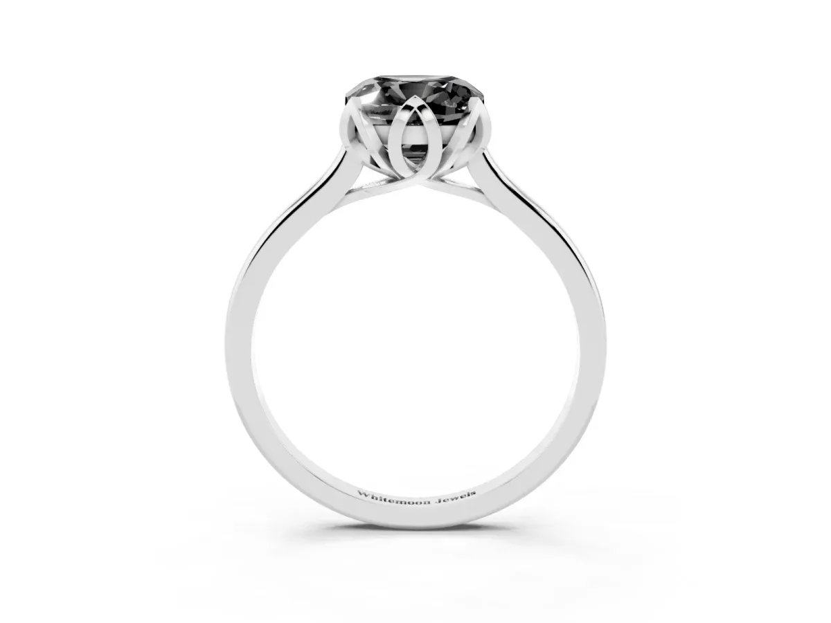 Fancy Black Cushion Cut Diamond Solitaire Ring with Flower Prong Setting and Classic Band Silver