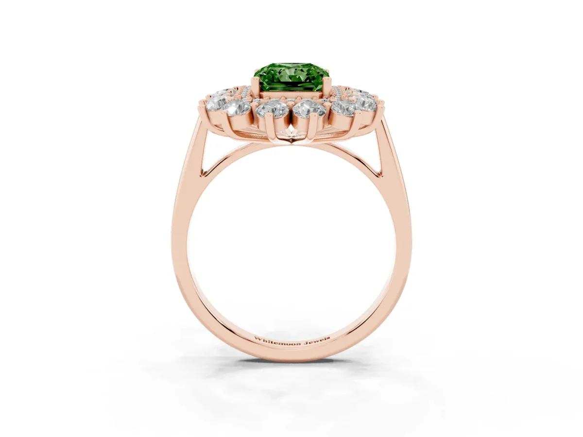 Fancy Green Radiant Cut Diamond Floral Double Halo Engagement Ring with Prong Setting Rose gold
