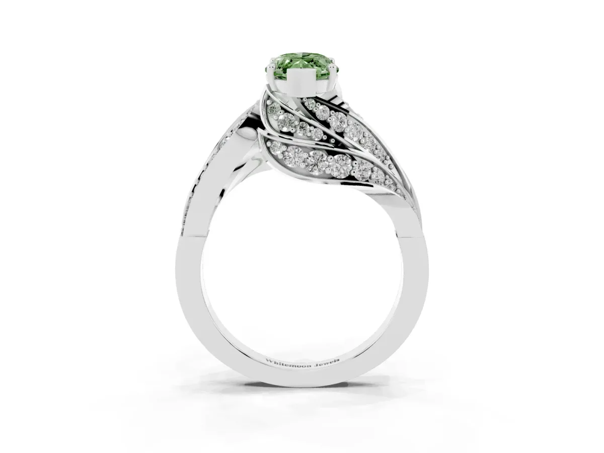 Fancy Green Marquise Cut Diamond Solitaire Ring with Prong Setting and Twisted Pavé Band Silver