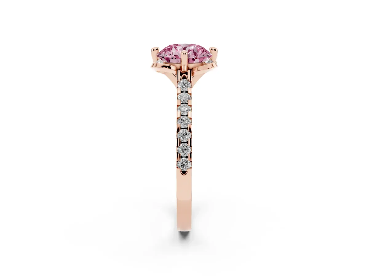 Fancy Pink Round Cut Diamond Ring with Pavé Band and Floral Prong Setting Rose gold