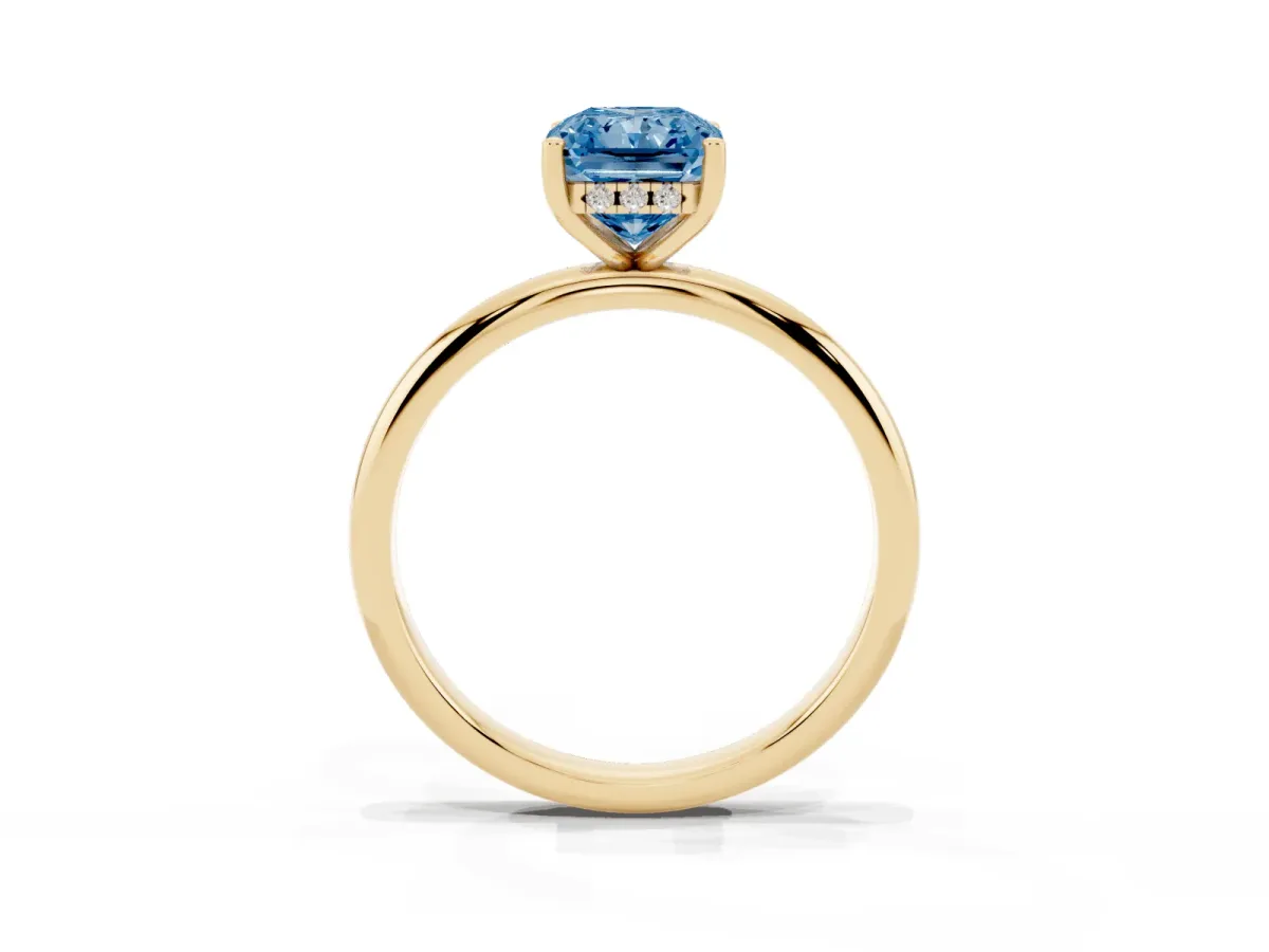 Fancy Blue Radiant Cut Cut Solitaire Engagement Ring with Four-Prong Setting and Classic Band Yellow gold