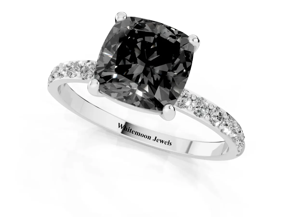 Fancy Black Cushion Cut Diamond Solitaire Ring with Round Pavé Band and Prong Setting Silver