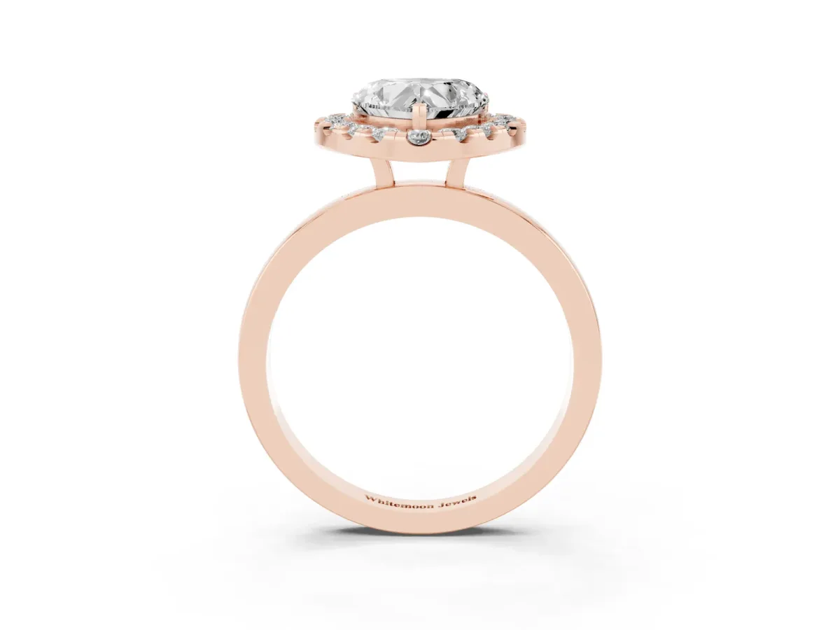 Heart Cut Halo Diamond Solitaire with Pavé Band and Four-Prong Setting Rose gold