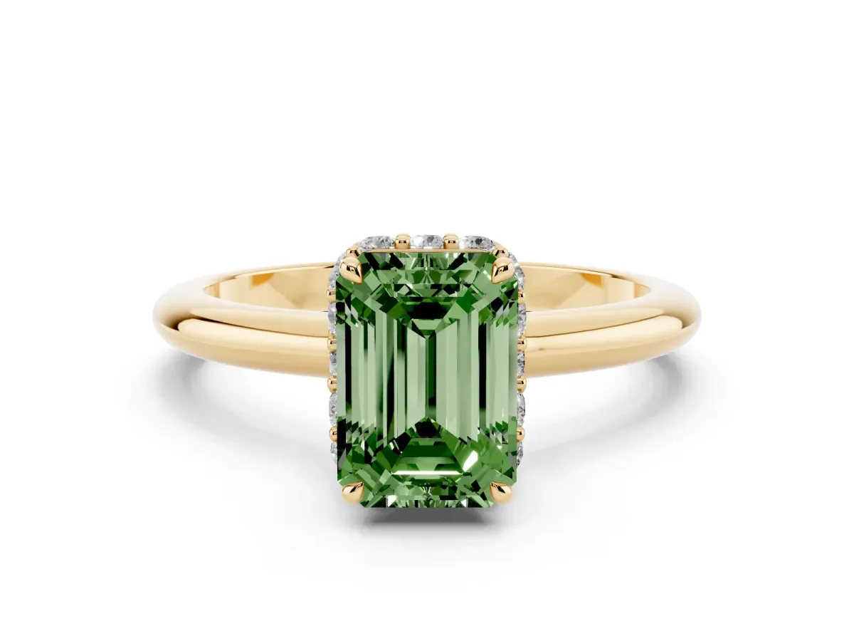 Fancy Green Emerald Cut Brilliant Solitaire Engagement Ring with Six-Prong Setting and Classic Band Yellow gold