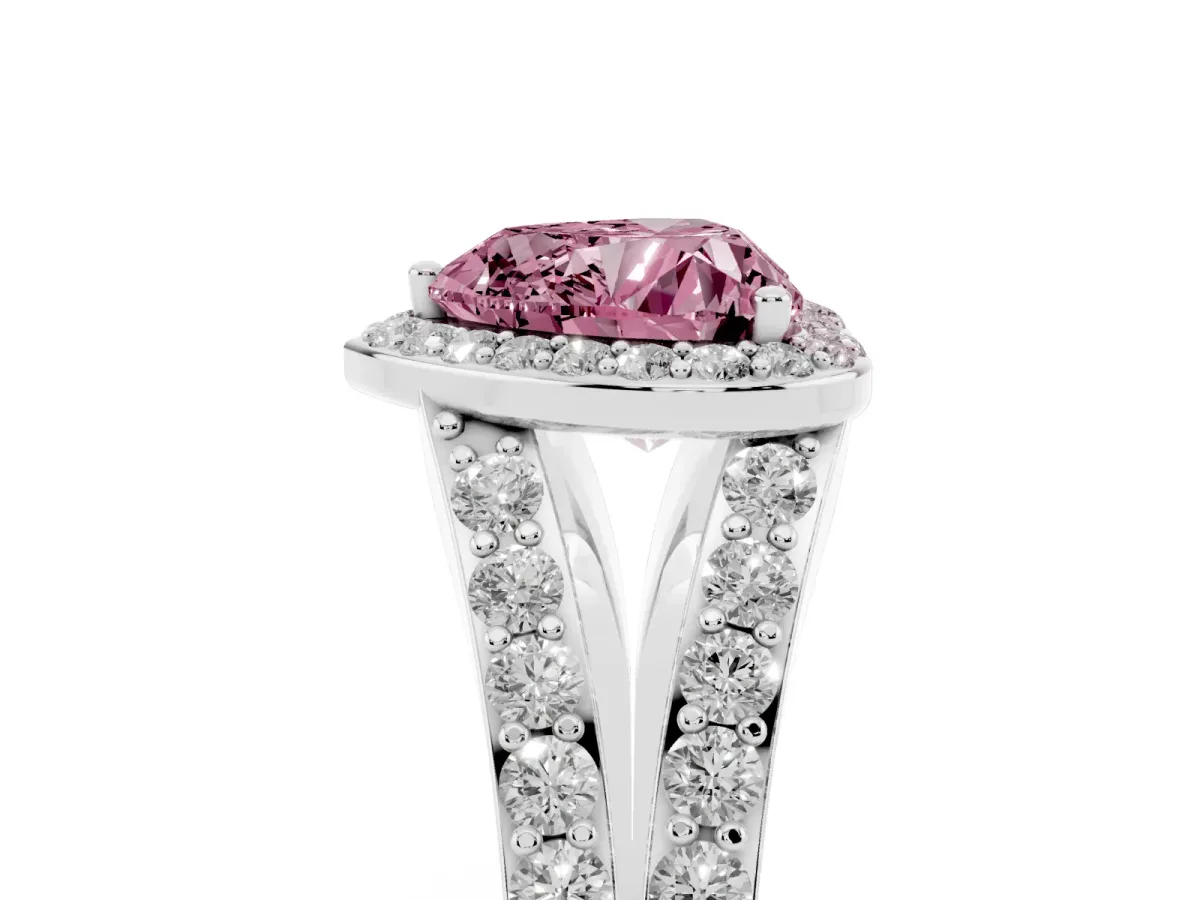 Fancy Pink Heart Cut Diamond Split Shank Halo Ring with Four-Prong Setting Platinum
