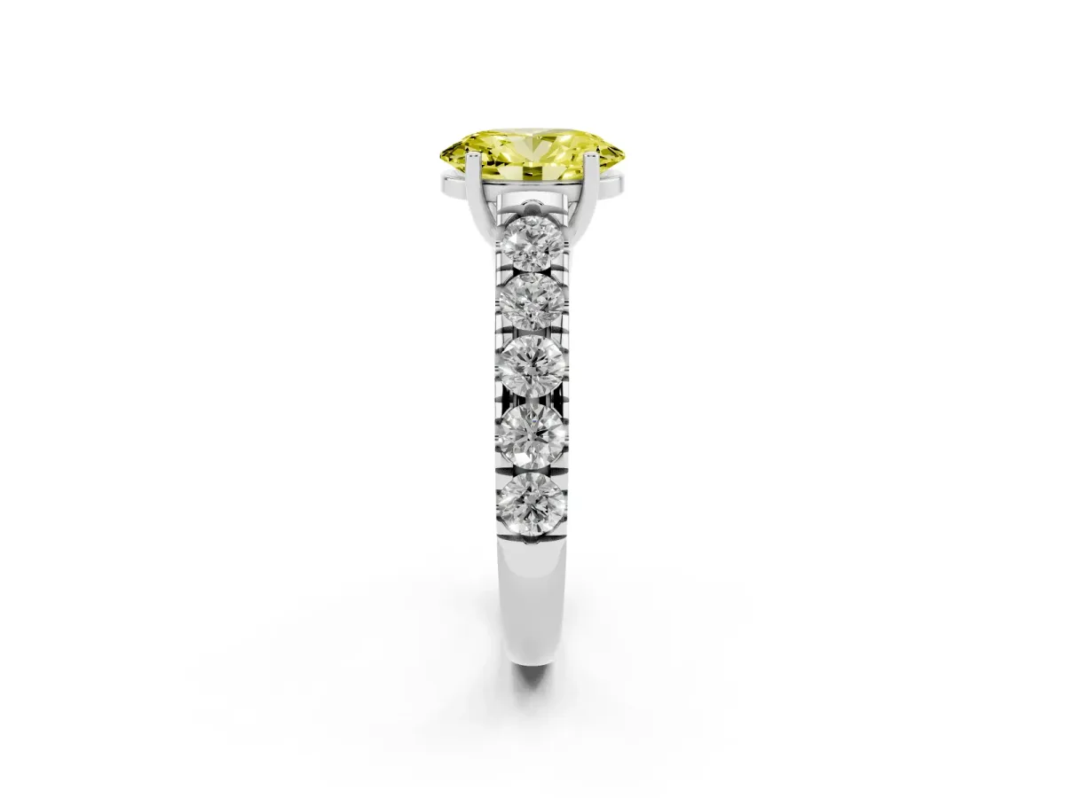 Fancy Yellow Oval Cut Cut Diamond Solitaire Ring with Micro Pave Band and Prong Setting Platinum