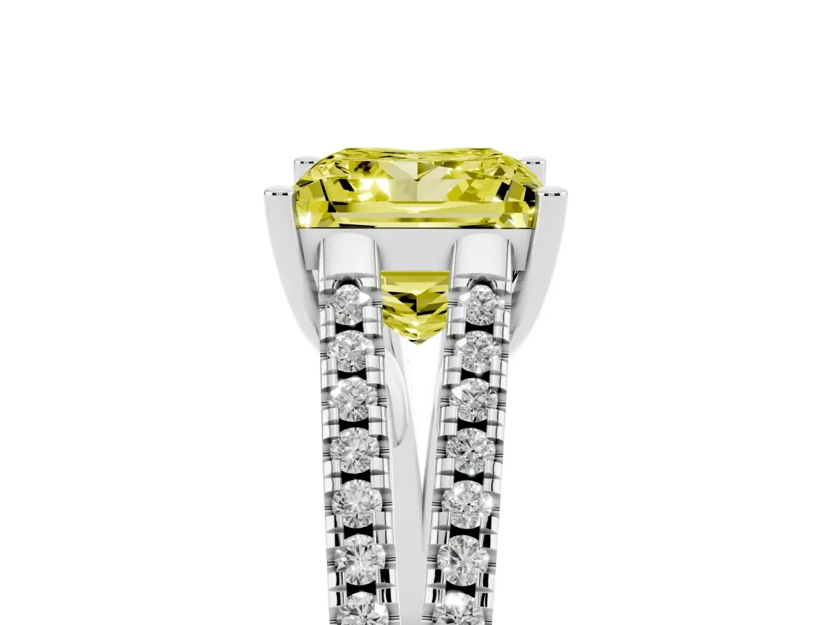 Fancy Yellow Princess Cut Diamond Solitaire Engagement Ring with Split Shank Pavé Band Platinum