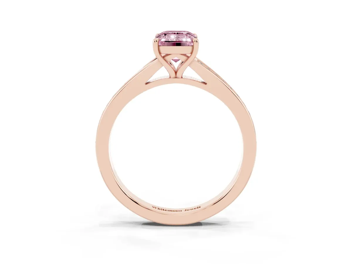 Fancy Pink Emerald Cut Diamond Solitaire Ring with Pavé Band and Prong Setting Rose gold