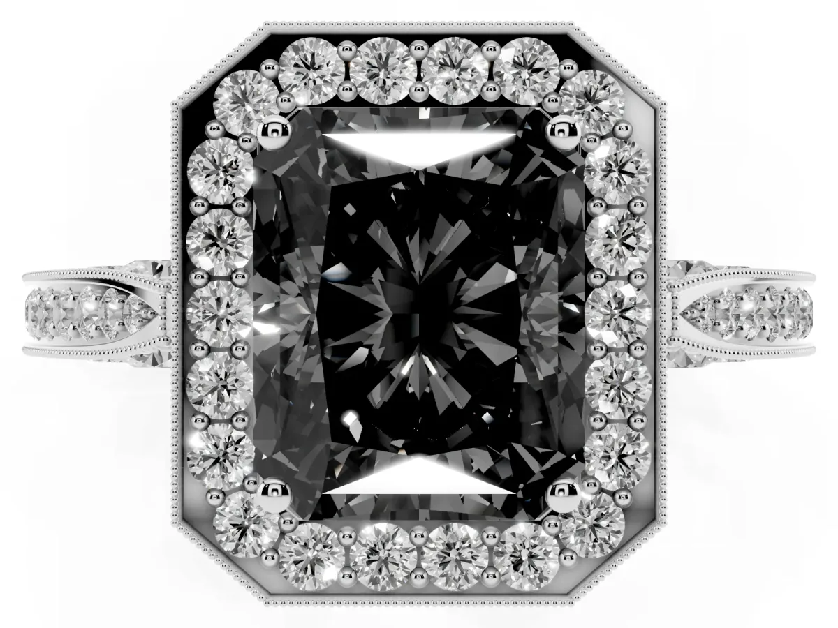 Fancy Black Radiant Cut Halo Diamond Engagement Ring with Split Shank Band and Four-Prong Setting Silver