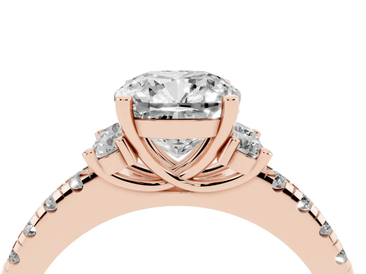 Cushion Cut Diamond Three-Stone Pave Band with Four-Prong Setting Rose gold