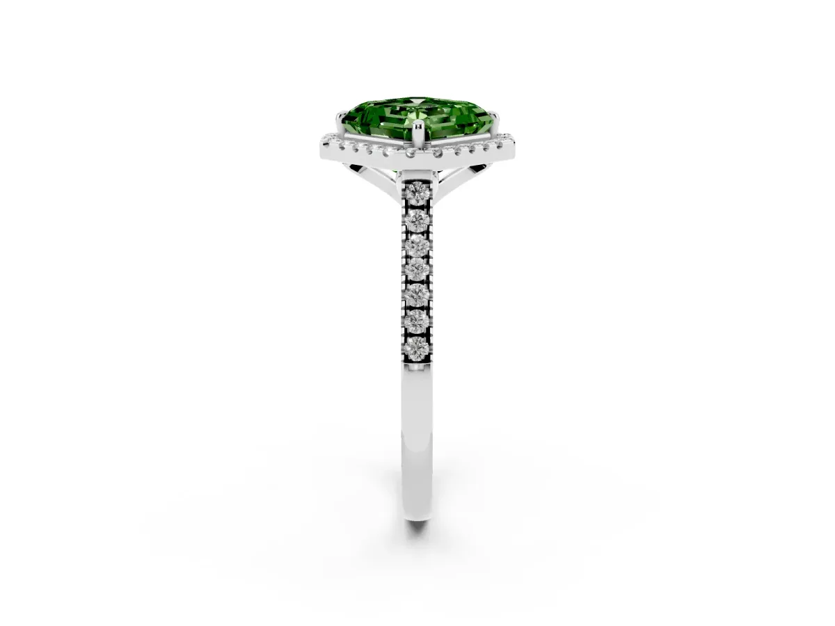 Fancy Green Asscher Cut Diamond Cushion Halo Ring with Pavé Band White gold