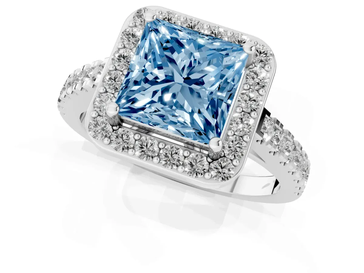 Fancy Blue Princess Cut Diamond Halo Ring with Round Pavé Split Shank and Prong Setting Silver
