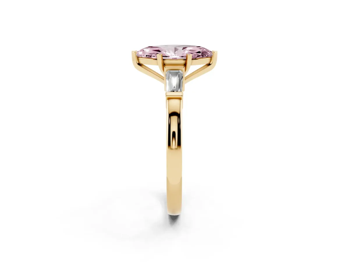 Fancy Pink Marquise Cut Cut Diamond Solitaire Ring with Tapered Baguette Accents and Four-Prong Setting Yellow gold