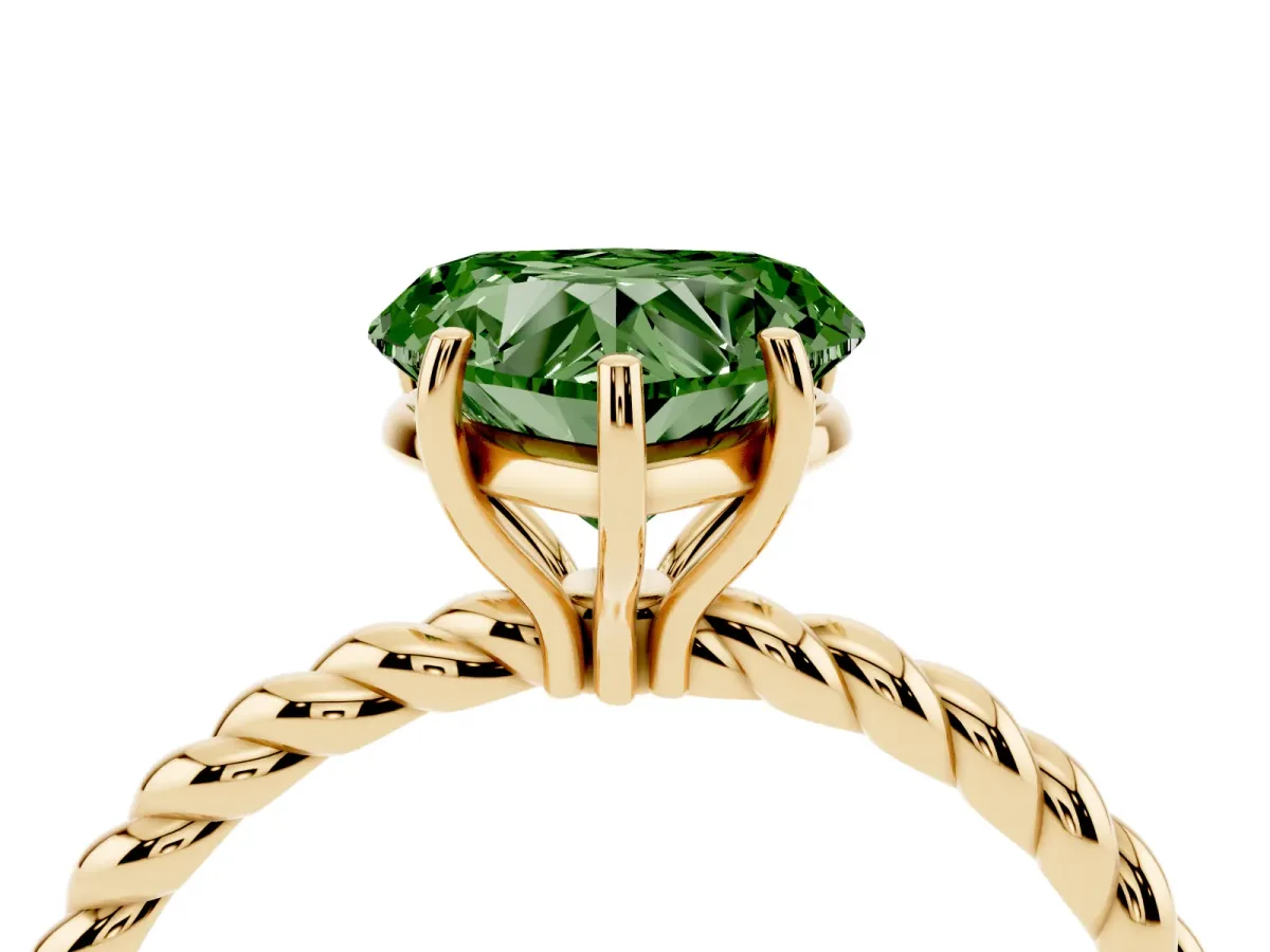 Fancy Green Heart Cut Solitaire Twist Band Ring with Four-Prong Setting Yellow gold