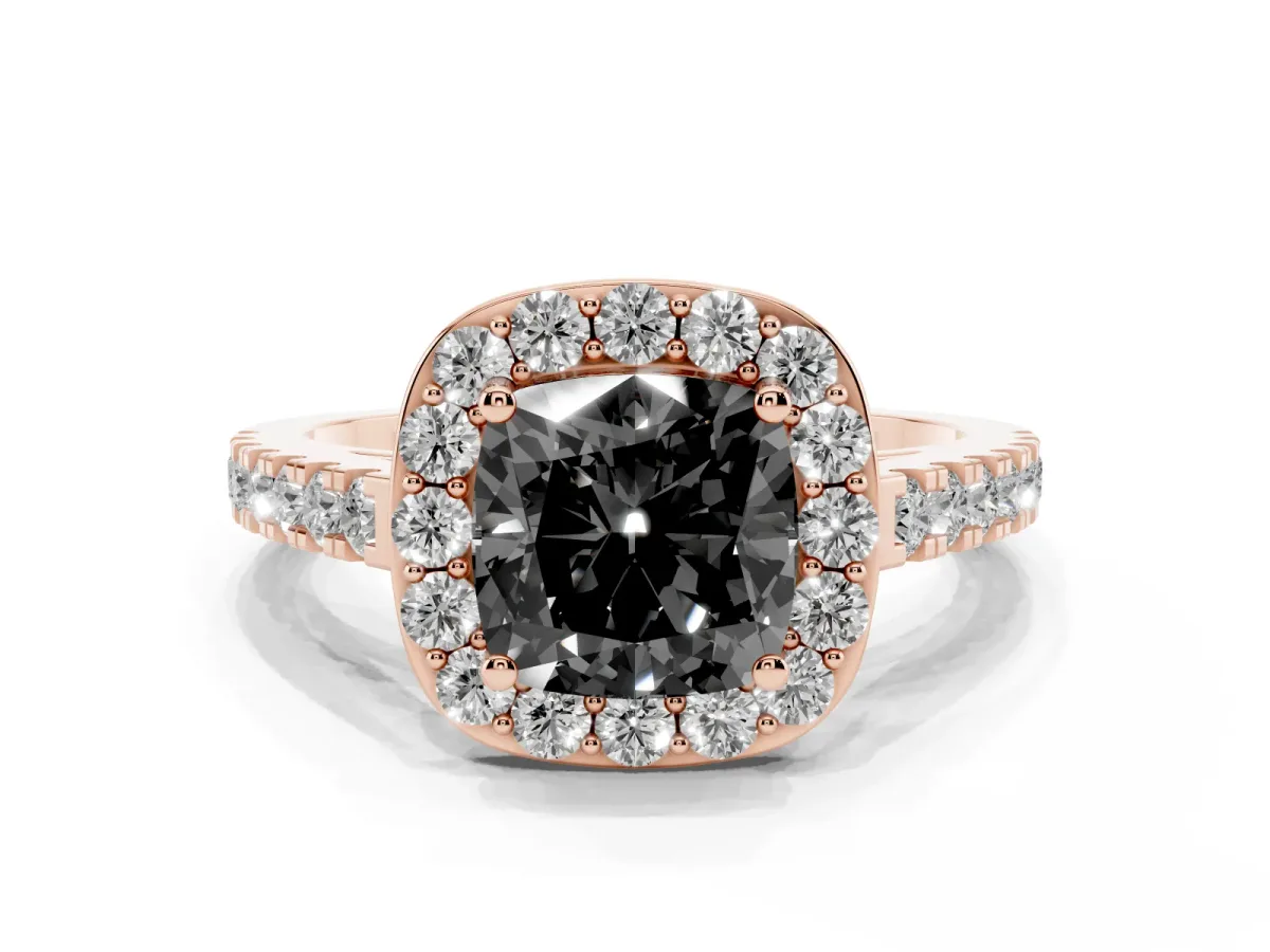 Fancy Black Cushion Cut Diamond Halo Ring with Round Pavé Split Shank and Prong Setting Rose gold