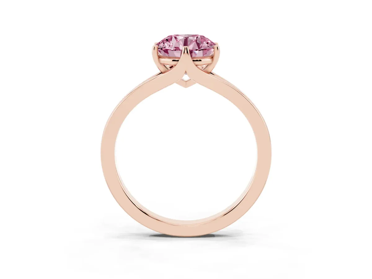 Fancy Pink Round Cut Solitaire Diamond Ring with Six-Prong Setting and Tapered Band Rose gold