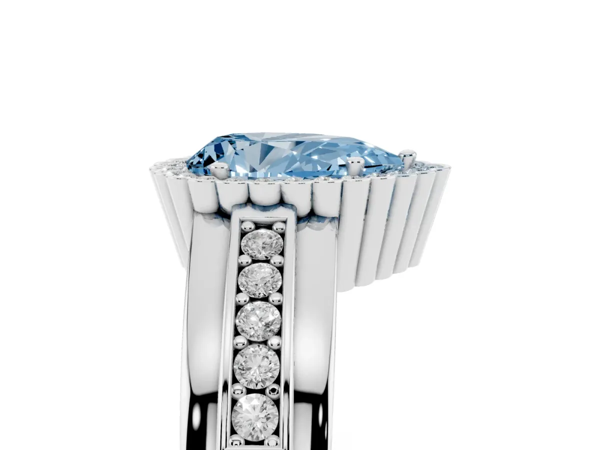 Fancy Blue Pear Cut Cut Halo Pave Band Four-Prong Ring Silver
