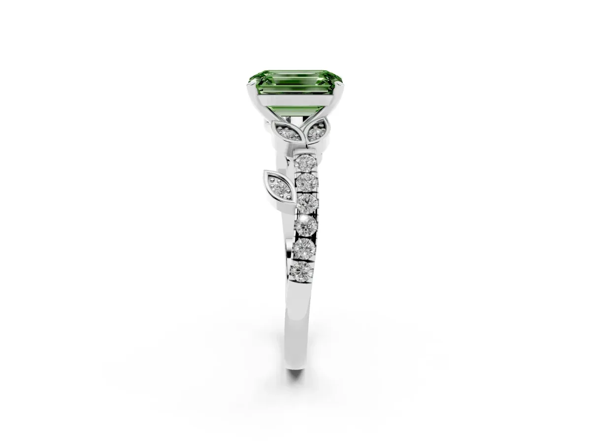 Fancy Green Emerald Cut Solitaire Leaf-Inspired Diamond Ring with Pavé Band and Four-Prong Setting Silver