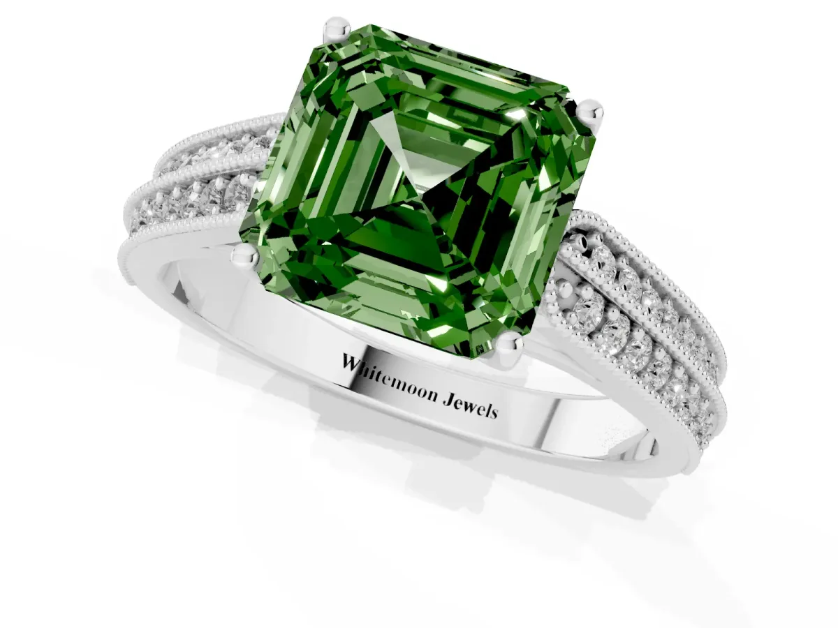 Fancy Green Asscher Cut Cut Pave Split Shank Engagement Ring with Four-Prong Setting Silver