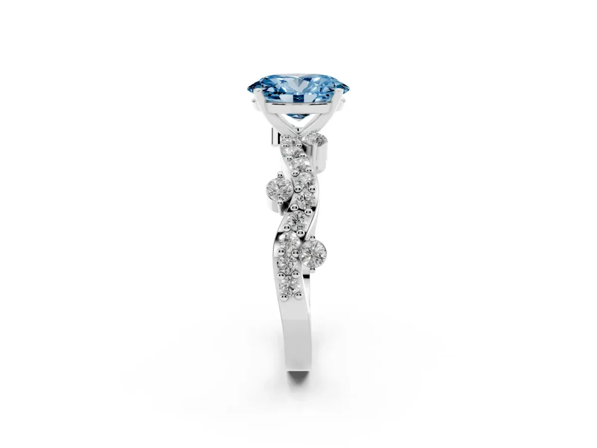 Fancy Blue Oval Cut Cut Solitaire Diamond Twisted Band with Pave Setting Platinum