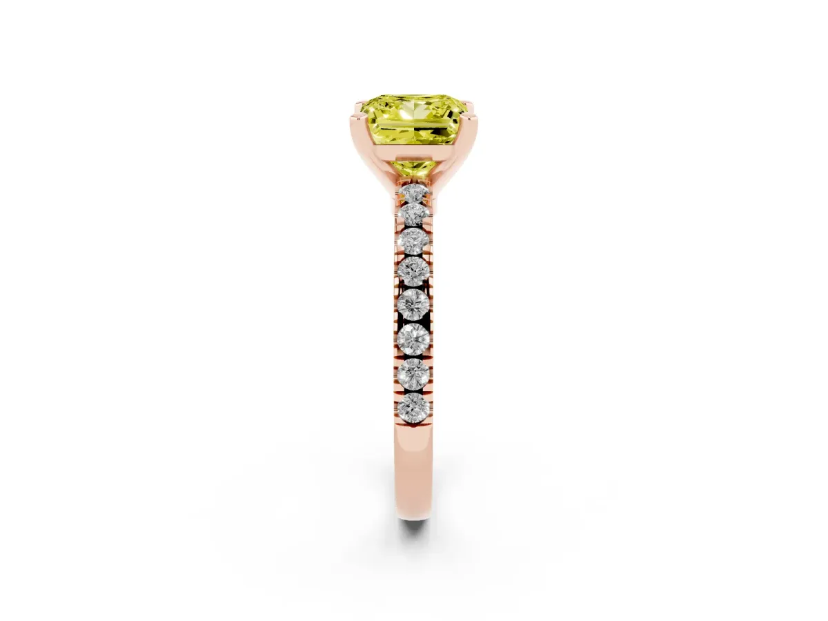Fancy Yellow Princess Cut Solitaire Diamond with Pavé Band and Four-Prong Setting Rose gold