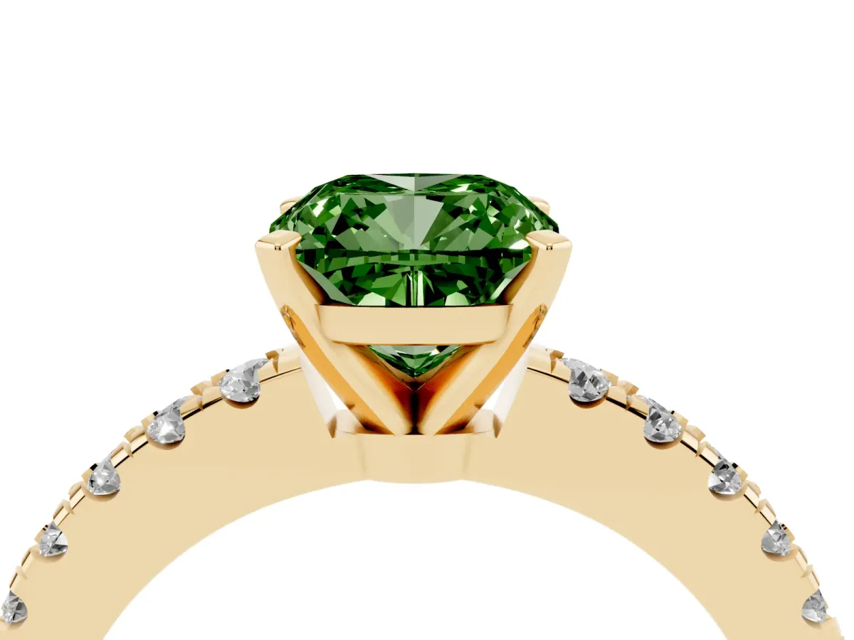 Fancy Green Cushion Cut Solitaire Diamond with Pavé Band and Four-Prong Setting Yellow gold