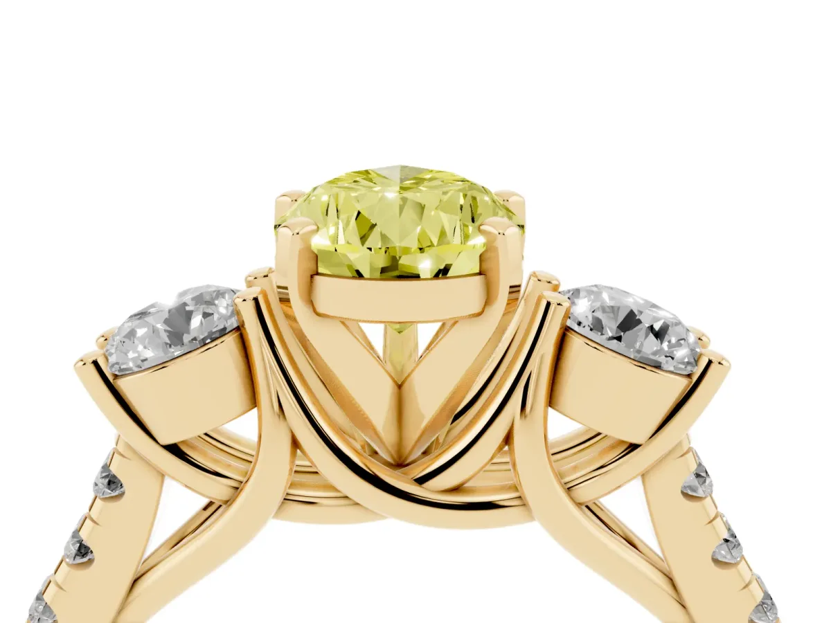 Fancy Yellow Three-Stone Pear Cut Diamond Pavé Band with Four-Prong Setting Yellow gold