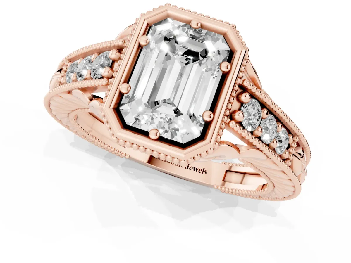 Bezel Set Emerald Cut Diamond Milgrain Pave Engagement Ring Rose gold