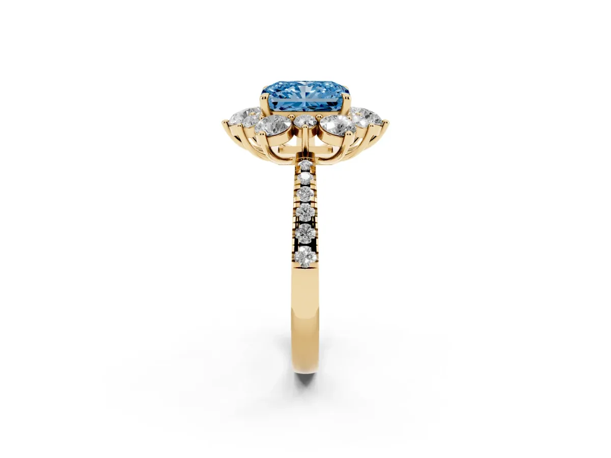 Fancy Blue Radiant Cut Diamond Floral Halo Ring with Round Pavé Band and Prong Setting Yellow gold