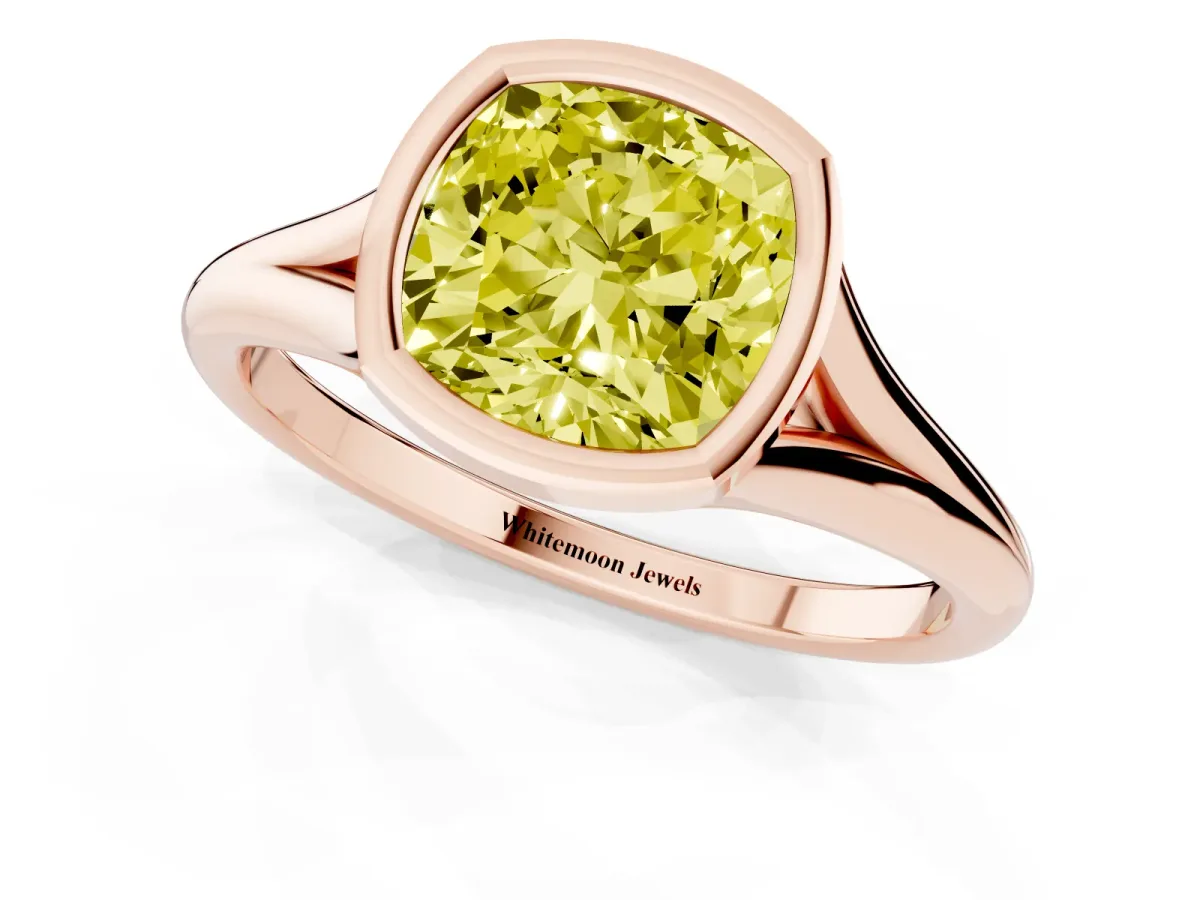 Fancy Yellow Bezel Set Cushion Cut Cut Solitaire Ring with Tapered Band Rose gold