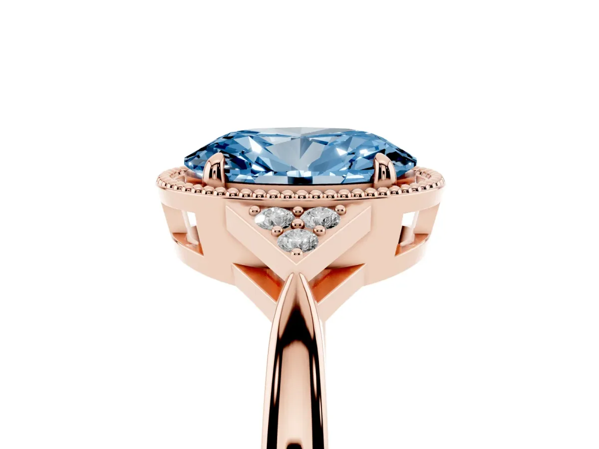 Fancy Blue Hexagonal Halo Oval Cut Diamond Solitaire with Pavé Band and Four-Prong Setting Rose gold