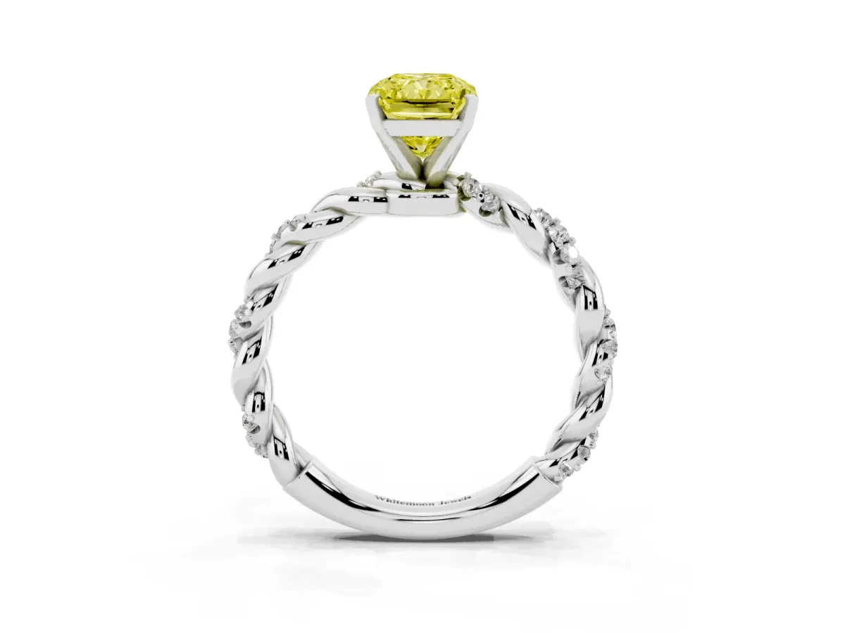 Fancy Yellow Radiant Cut Diamond Solitaire Ring with Twisted Band and Pavé Accents Platinum