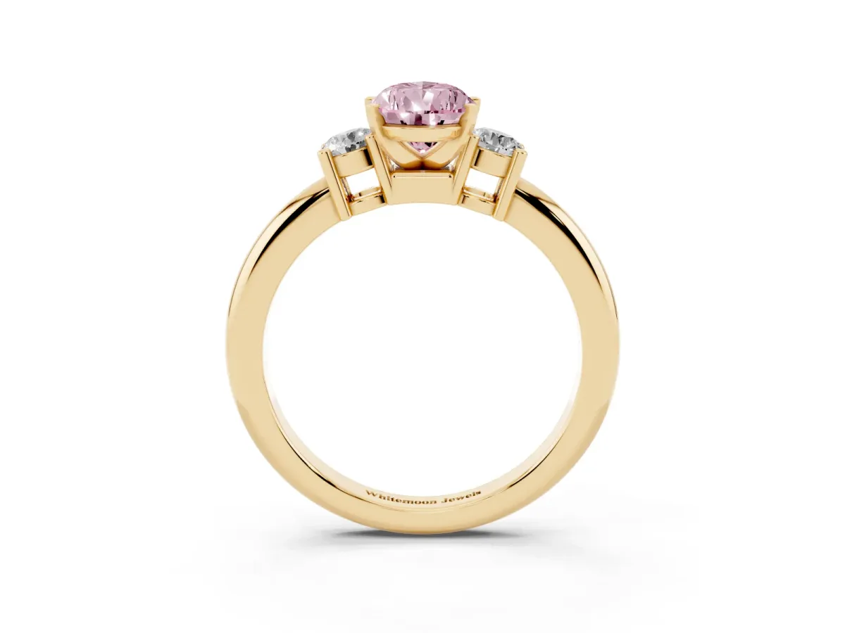 Fancy Pink Three-Stone Pear Cut Cut Diamond Solitaire with Prong Setting and Classic Band Yellow gold