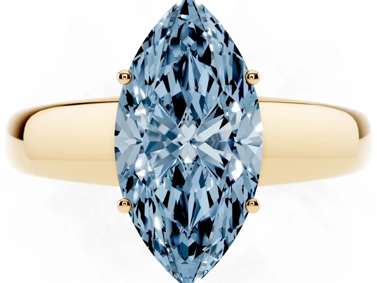 Fancy Blue Marquise Cut Solitaire Diamond Ring with Tapered Band and Four-Prong Setting Yellow gold