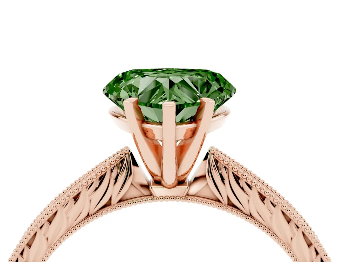 Fancy Green Heart Cut Solitaire Milgrain Engraved Band with Four-Prong Setting Rose gold