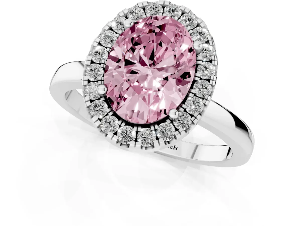 Fancy Pink Oval Cut Halo Diamond Solitaire with Pavé Band and Four-Prong Setting White gold