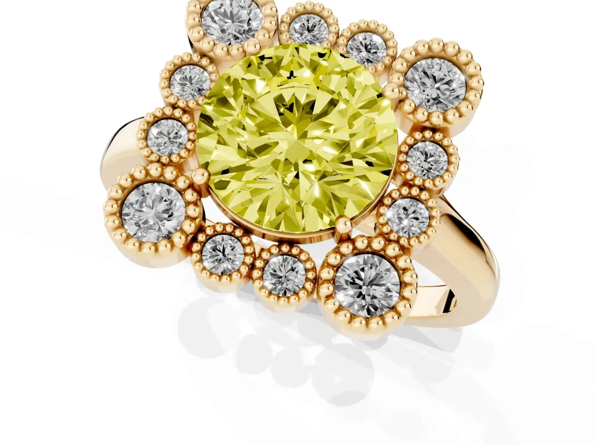 Fancy Yellow Round Cut Halo Diamond Cluster Engagement Ring with Milgrain Bezel Setting and Solitaire Band Yellow gold