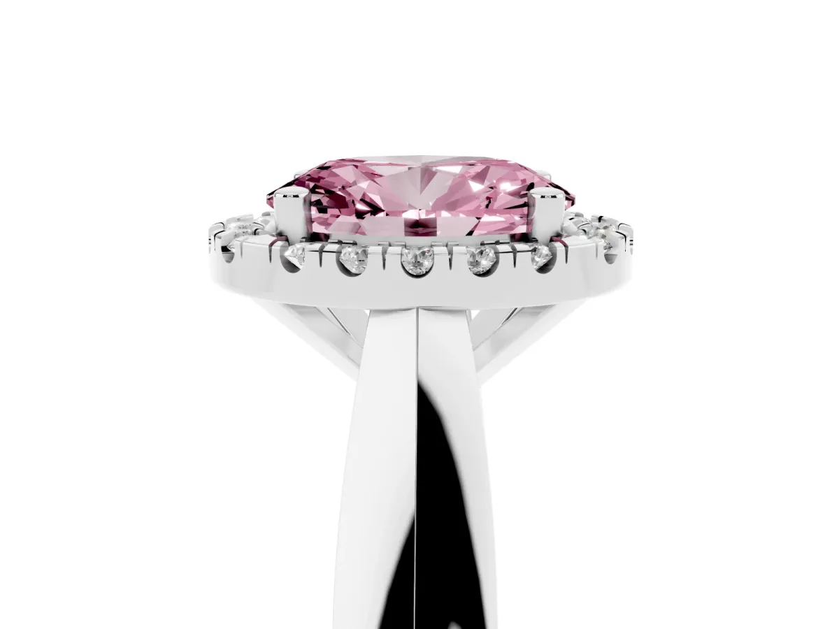 Fancy Pink Oval Cut Cut Halo Solitaire Engagement Ring with Square Band and Four-Prong Setting Silver