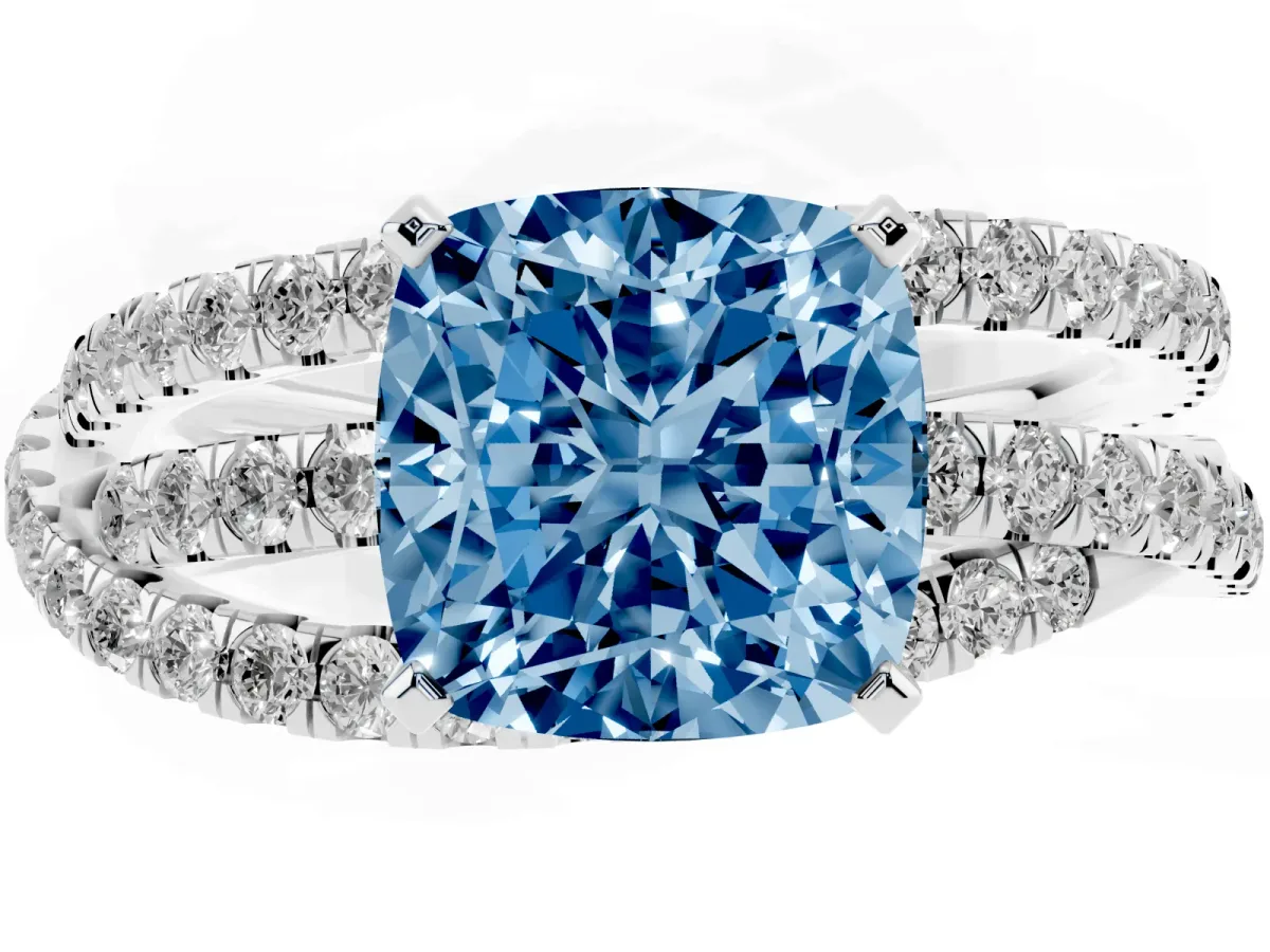 Fancy Blue Cushion Cut Solitaire Twist Band with Pavé Setting and Four-Prong Setting Silver